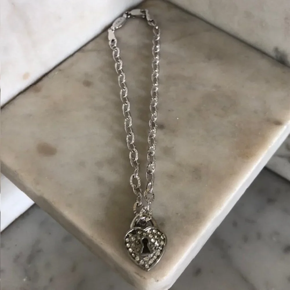 PIERCING PAGODA Italian Silver Bracelet Heart Keyhole Rhinestone Charm